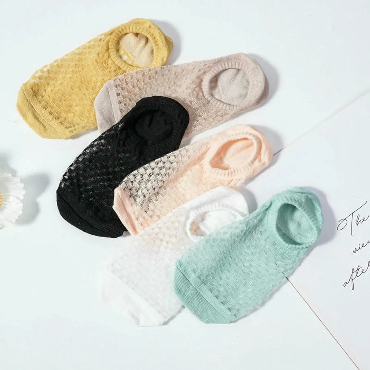 3 Pairs Women Non-Slip Boat Socks Summer Thin Mesh Breathable Solid Color Socks