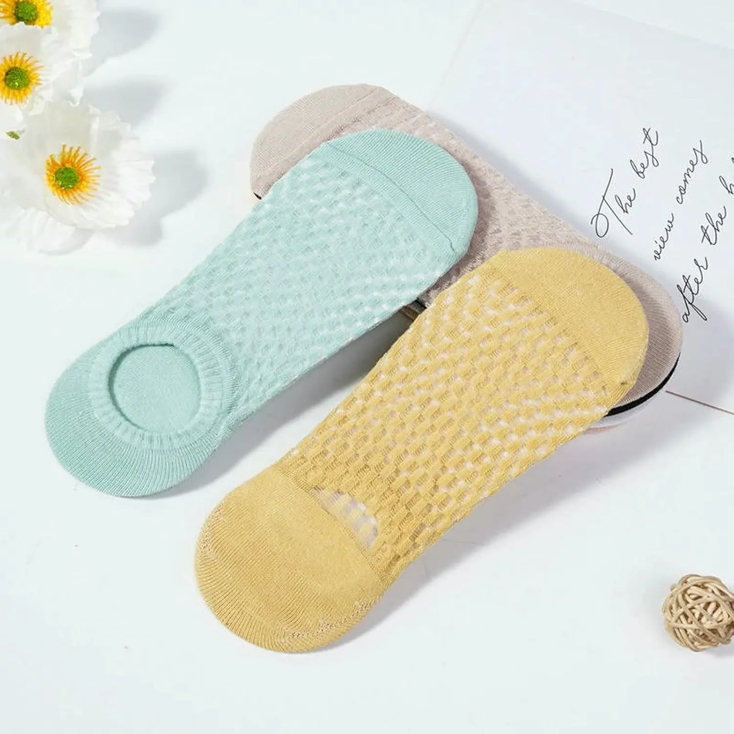 3 Pairs Women Non-Slip Boat Socks Summer Thin Mesh Breathable Solid Color Socks