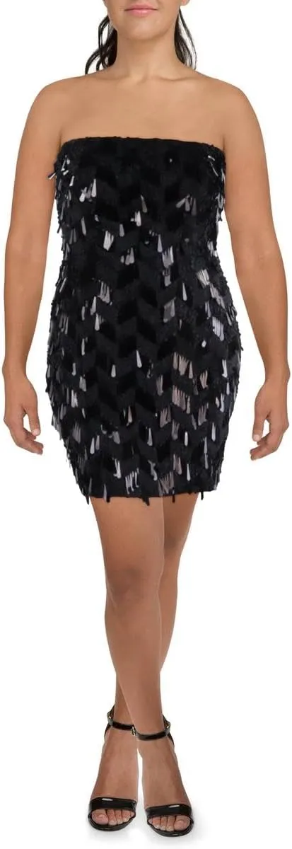 BCBGMAXAZRIA Women's Strapless Straight Neck Feathered Paillettes Mini Dress