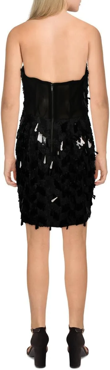 BCBGMAXAZRIA Women's Strapless Straight Neck Feathered Paillettes Mini Dress
