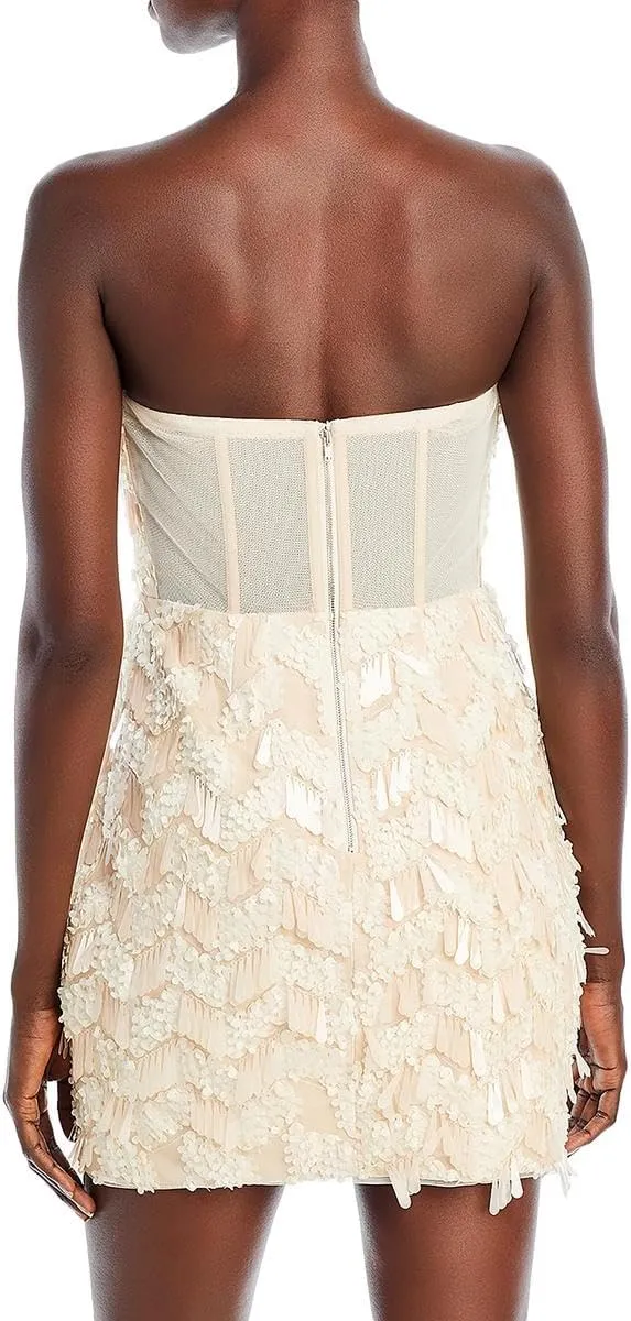 BCBGMAXAZRIA Women's Strapless Straight Neck Feathered Paillettes Mini Dress