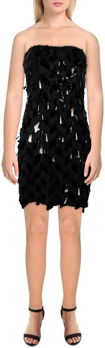 BCBGMAXAZRIA Women's Strapless Straight Neck Feathered Paillettes Mini Dress