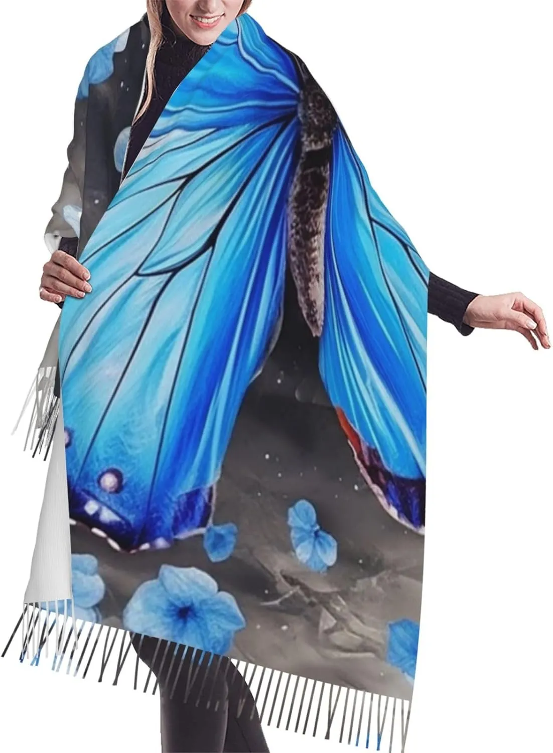 Blue Butterfly Women's Scarf Warm Soft Shawl Wrap Scarf Fall Winter Fashion Tassel Scarf Oversized Scarves Blanket for Men Women