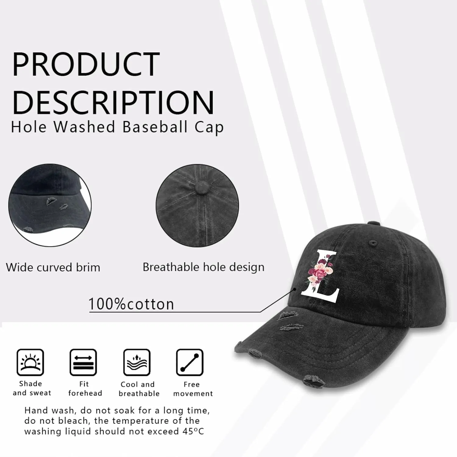 Classic Alphabetes A-Z Cute Letter Caps Cute Baseball Hat Hats for Womens Washed Distressed Baseball