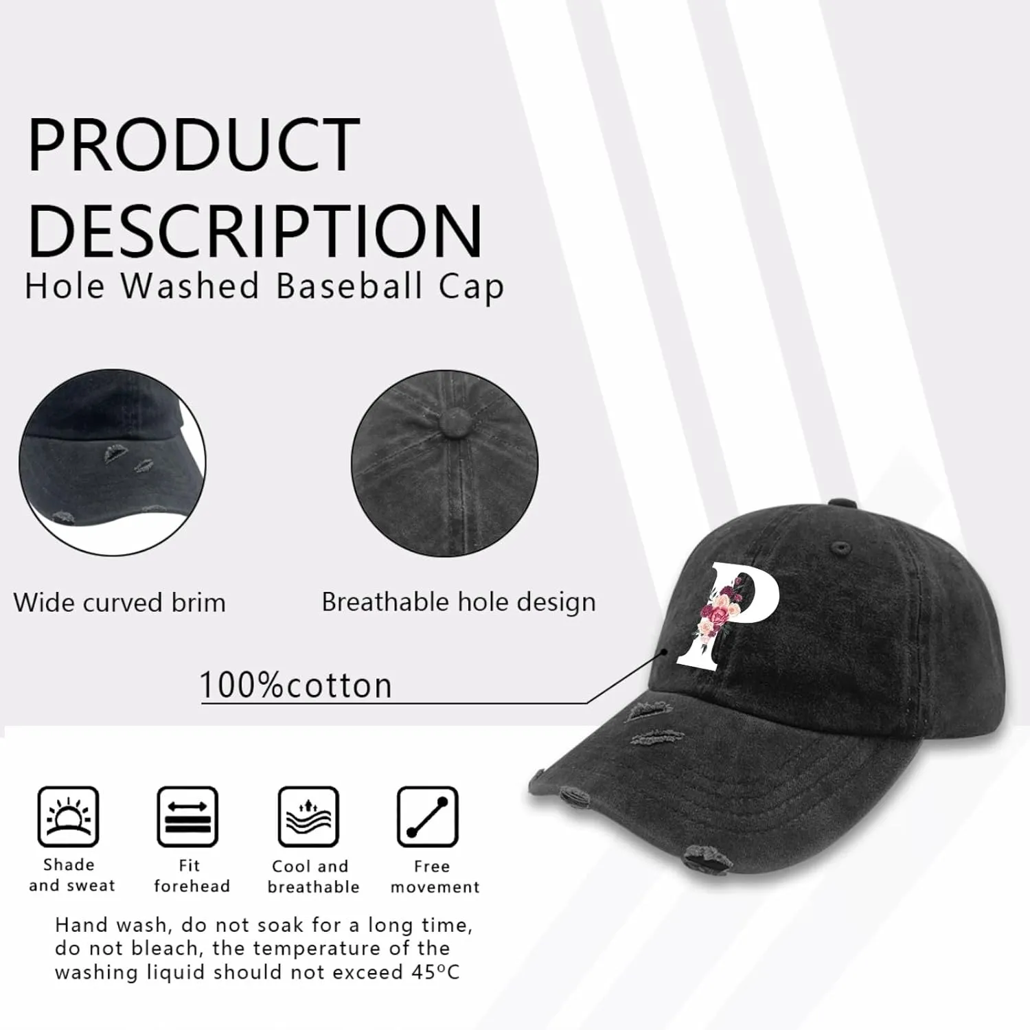 Classic Alphabetes A-Z Cute Letter Caps Cute Baseball Hat Hats for Womens Washed Distressed Baseball