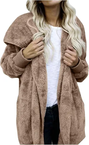 COTECRAM 2024 Womens Winter Long Sleeve Solid Fuzzy Fleece Open Front Hooded Cardigans Jacket Warm Coats Outwear Plush Tops