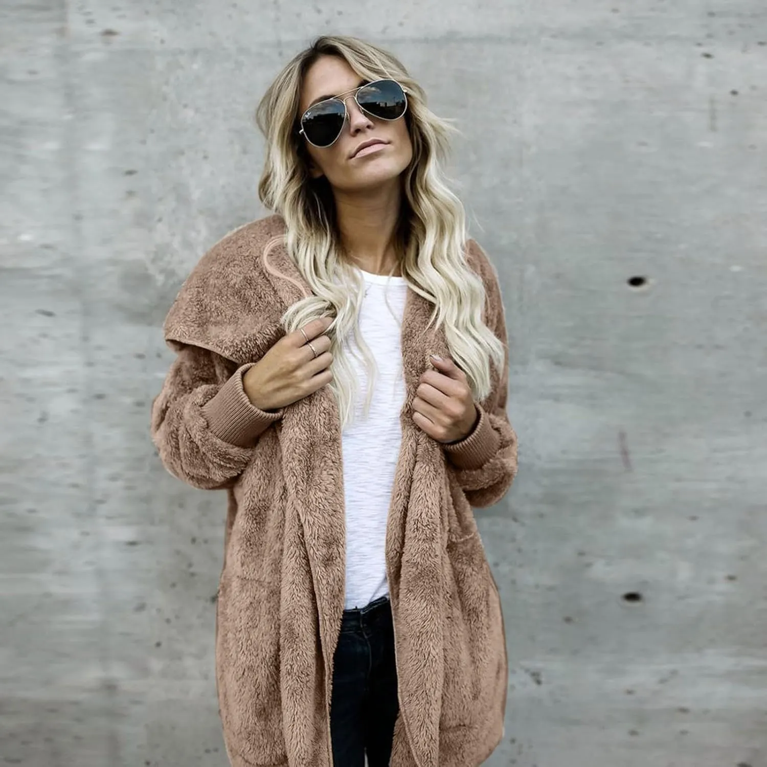 COTECRAM 2024 Womens Winter Long Sleeve Solid Fuzzy Fleece Open Front Hooded Cardigans Jacket Warm Coats Outwear Plush Tops