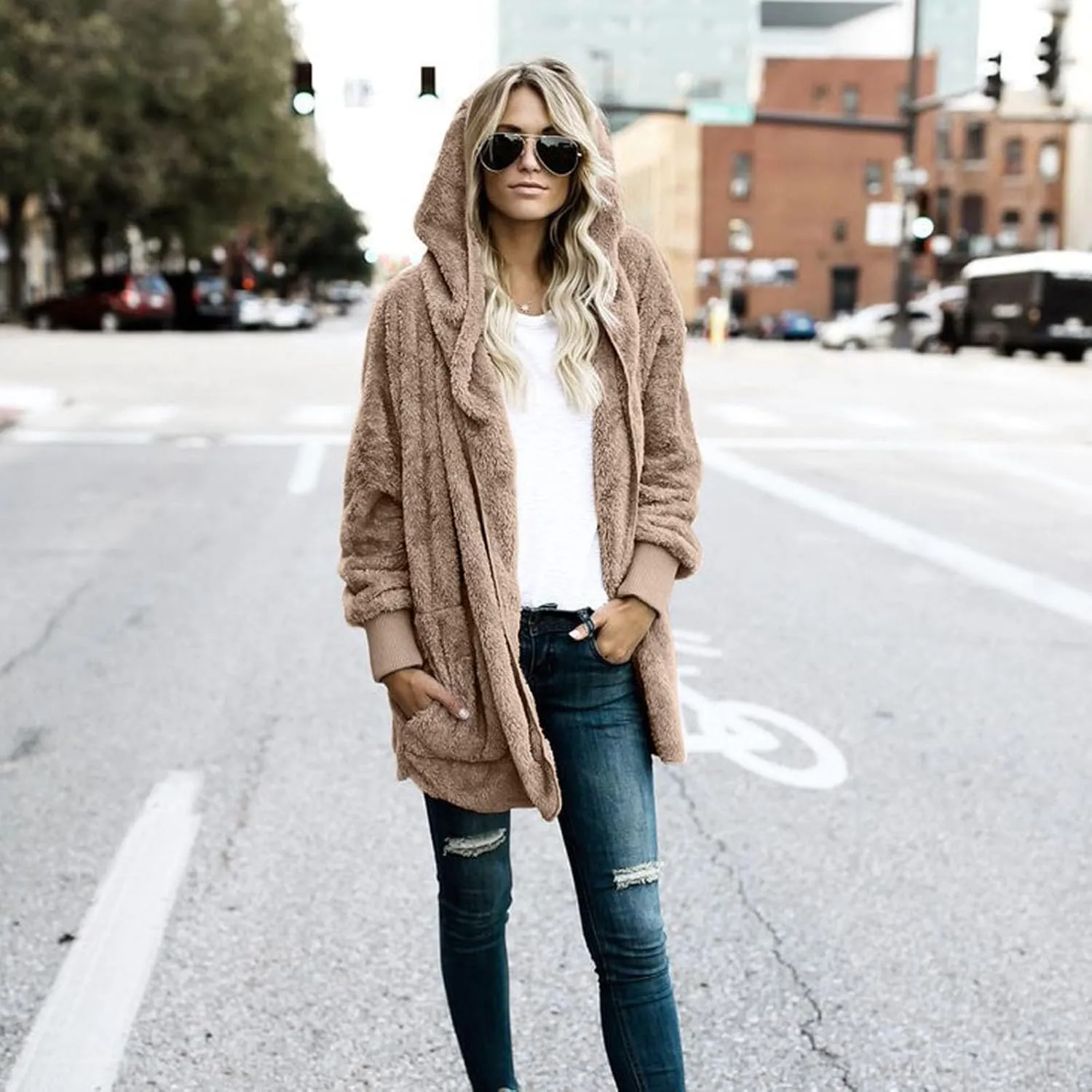 COTECRAM 2024 Womens Winter Long Sleeve Solid Fuzzy Fleece Open Front Hooded Cardigans Jacket Warm Coats Outwear Plush Tops