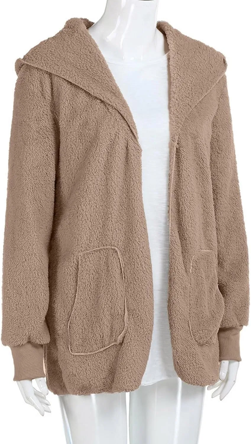 COTECRAM 2024 Womens Winter Long Sleeve Solid Fuzzy Fleece Open Front Hooded Cardigans Jacket Warm Coats Outwear Plush Tops