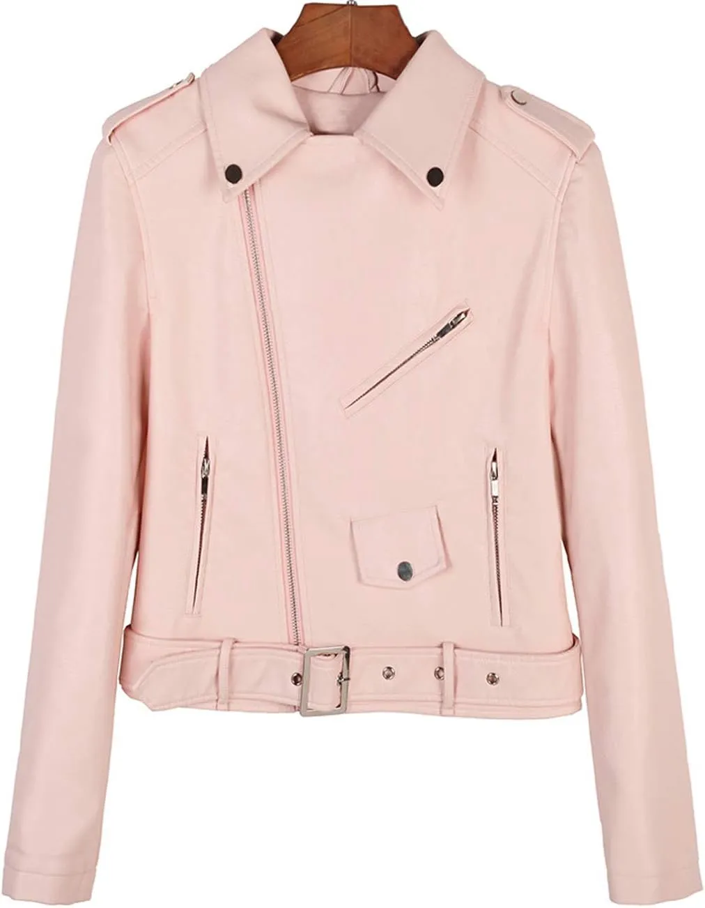 ebossy Women's Moto Stylish Oblique Zip Slimming Faux Leather Biker Cropped Jacket Belt