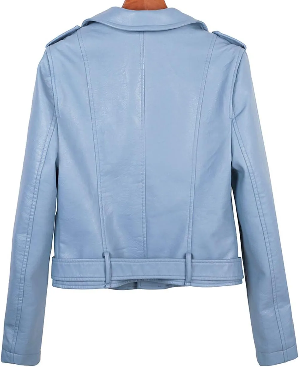 ebossy Women's Moto Stylish Oblique Zip Slimming Faux Leather Biker Cropped Jacket Belt