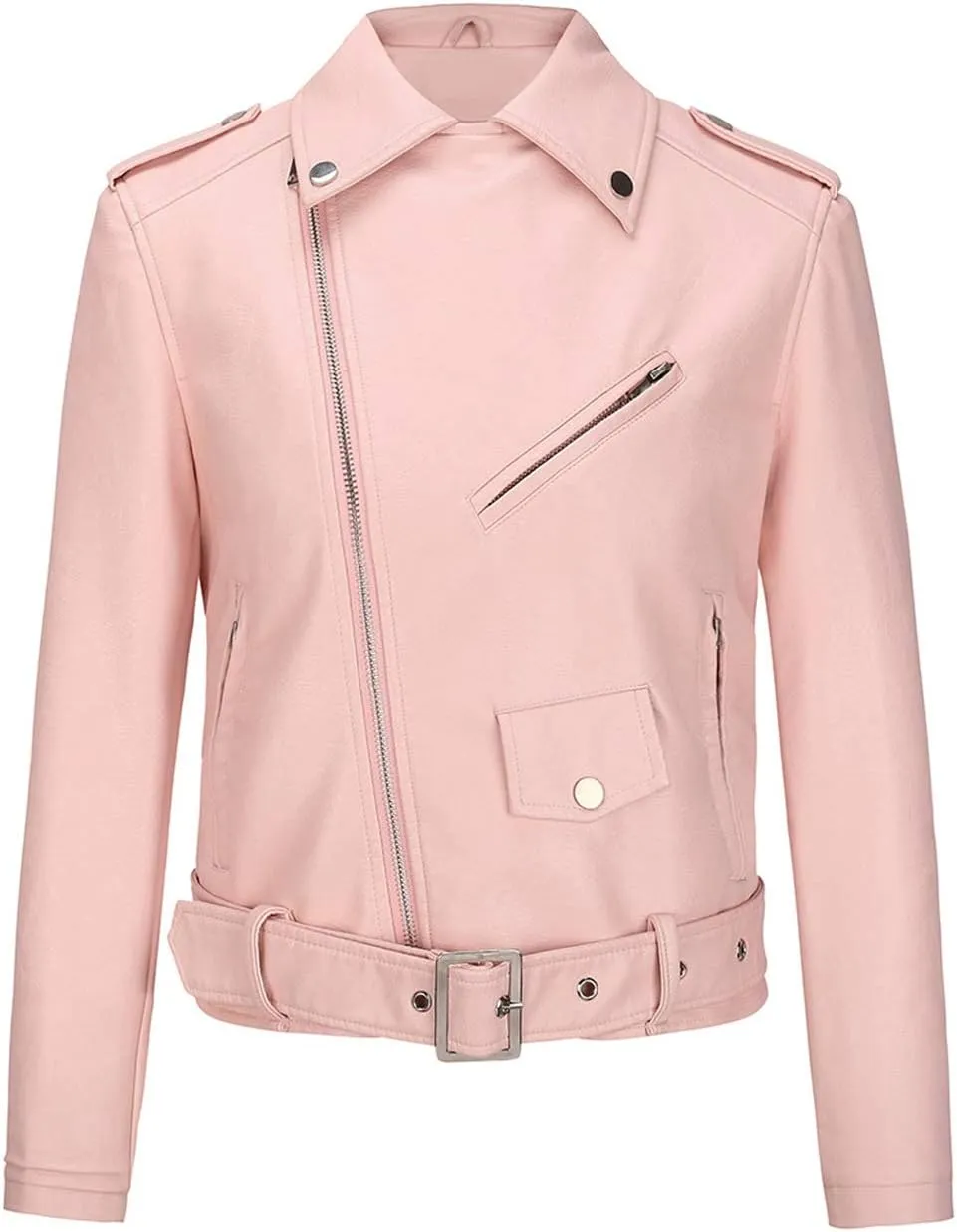 ebossy Women's Moto Stylish Oblique Zip Slimming Faux Leather Biker Cropped Jacket Belt