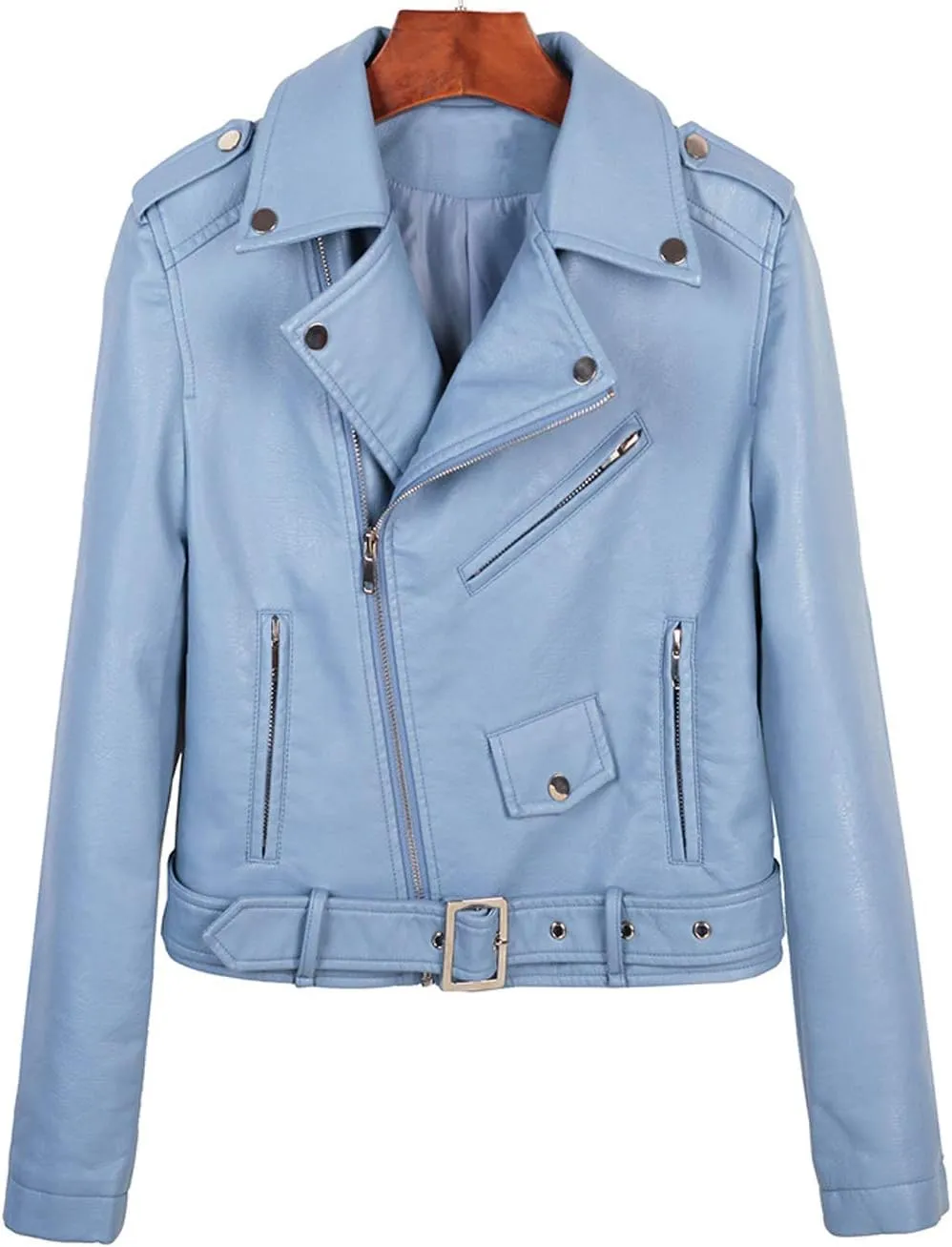 ebossy Women's Moto Stylish Oblique Zip Slimming Faux Leather Biker Cropped Jacket Belt