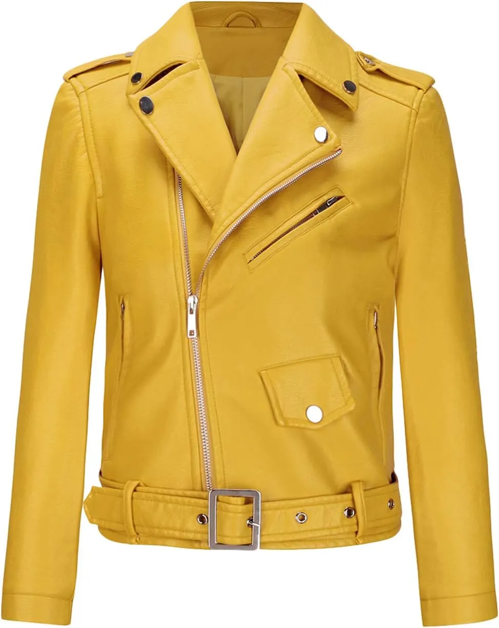 ebossy Women's Moto Stylish Oblique Zip Slimming Faux Leather Biker Cropped Jacket Belt