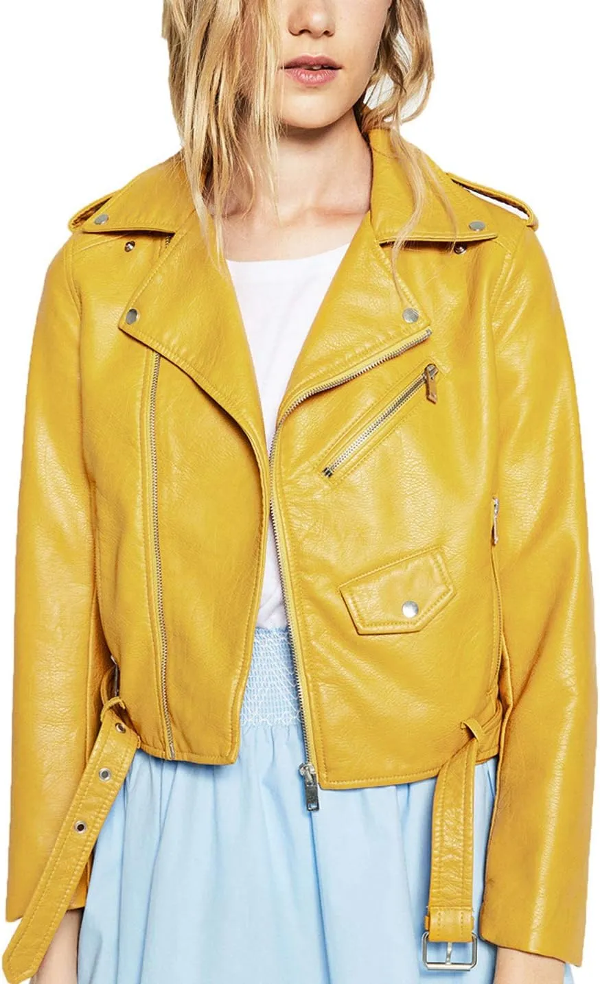 ebossy Women's Moto Stylish Oblique Zip Slimming Faux Leather Biker Cropped Jacket Belt