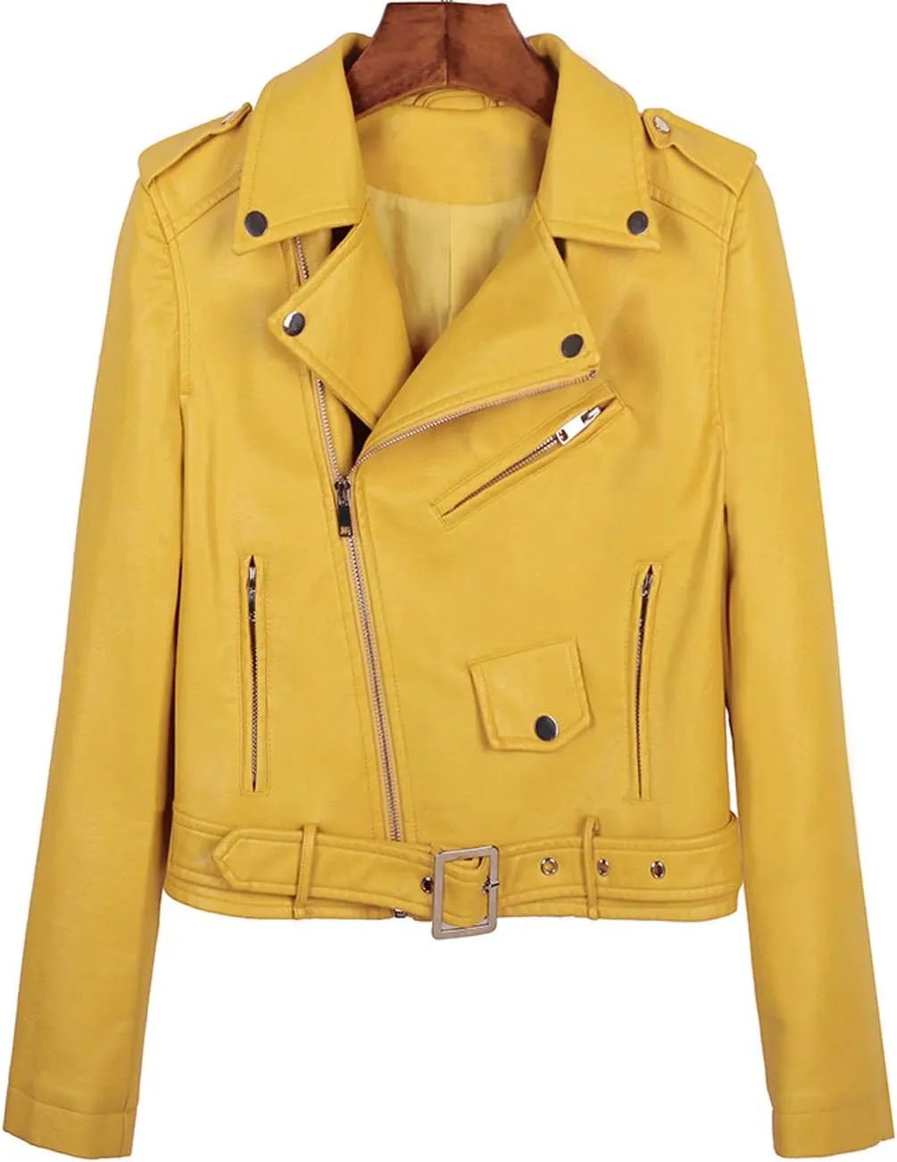 ebossy Women's Moto Stylish Oblique Zip Slimming Faux Leather Biker Cropped Jacket Belt