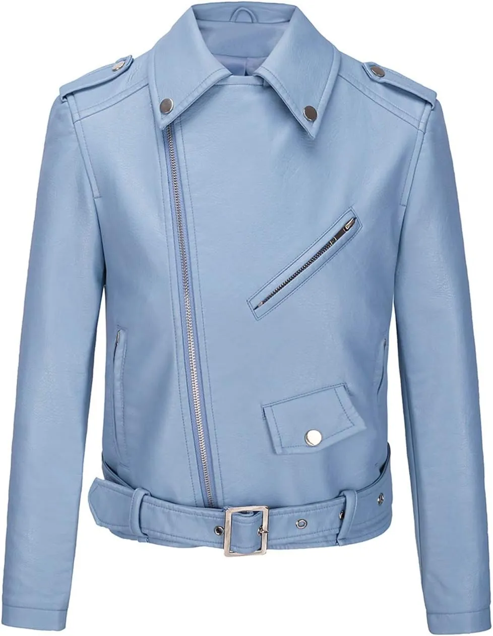 ebossy Women's Moto Stylish Oblique Zip Slimming Faux Leather Biker Cropped Jacket Belt