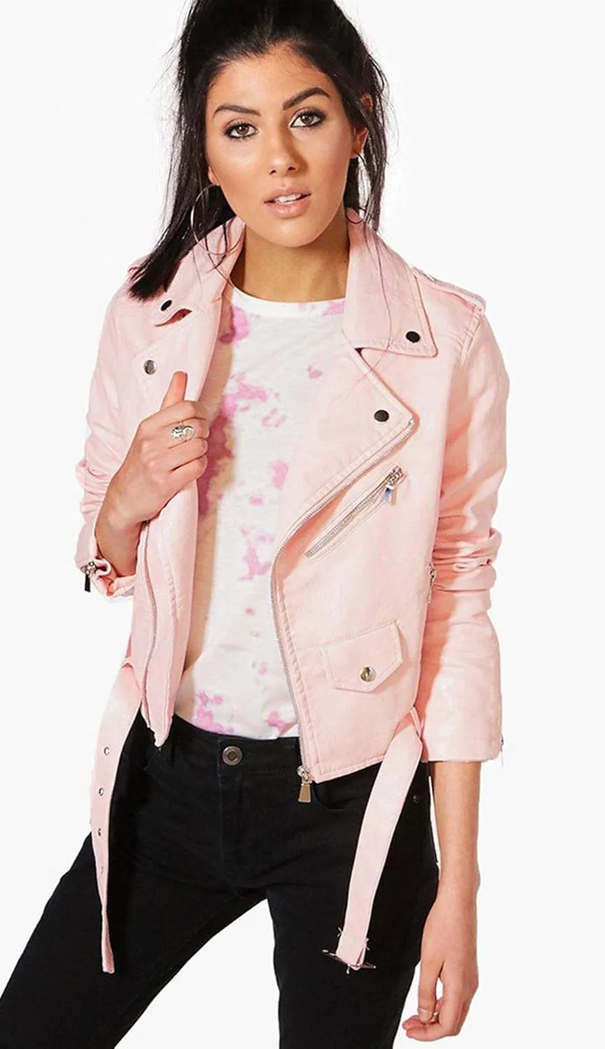 ebossy Women's Moto Stylish Oblique Zip Slimming Faux Leather Biker Cropped Jacket Belt
