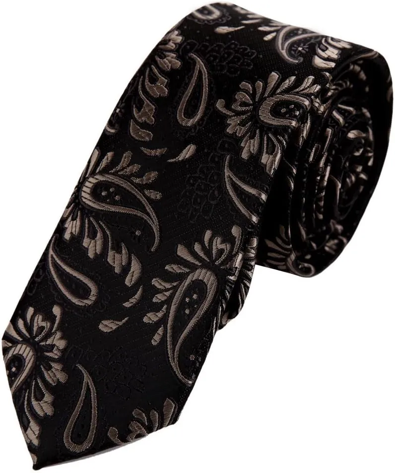 Epoint Black Floral Thin Tie For Mens Wrinkle-Free Skinny Neck Tie Wedding Maternal-Aunt/Uncle PS1174 Dark Charcoal,Burly Wood Silk
