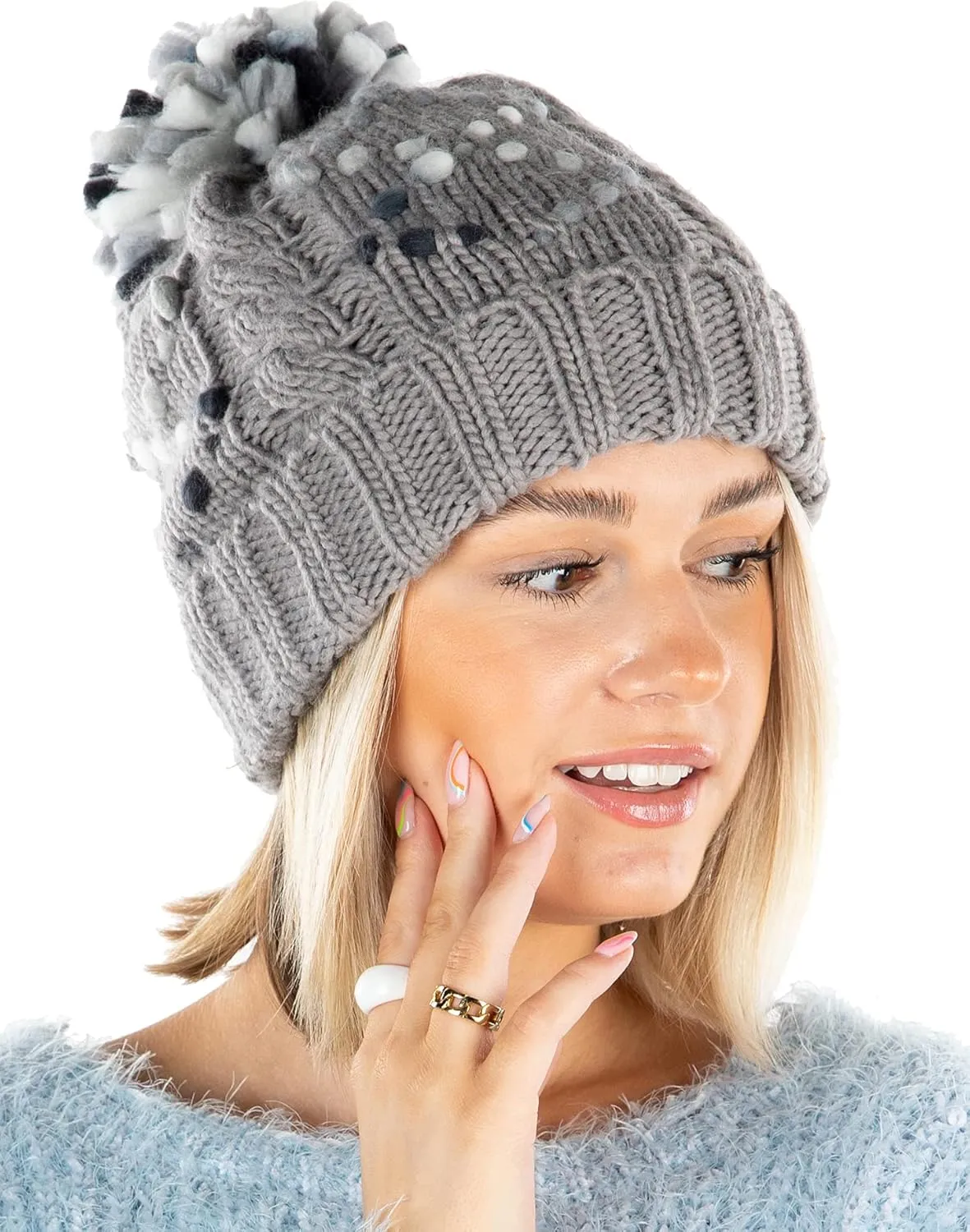 Funky Junque Women's Jumbo Yarn Chunky Knit Slip Stitch Beanie with Pom Pom Hat