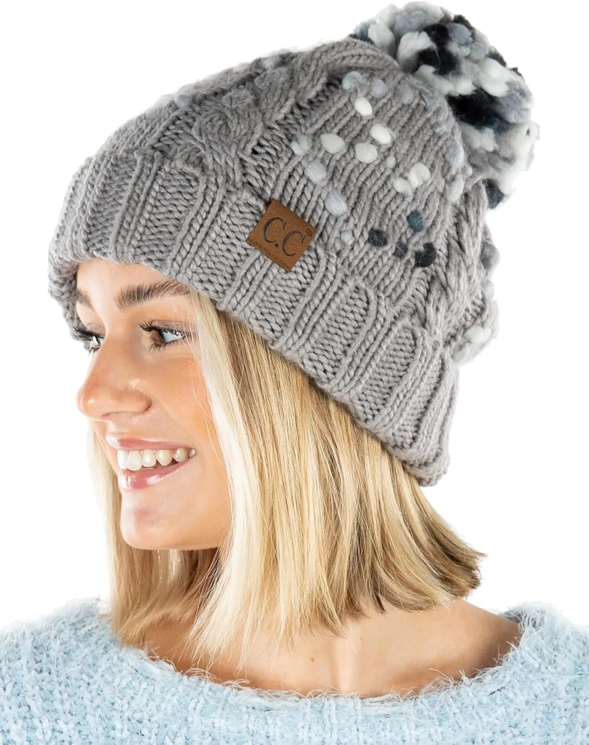 Funky Junque Women's Jumbo Yarn Chunky Knit Slip Stitch Beanie with Pom Pom Hat