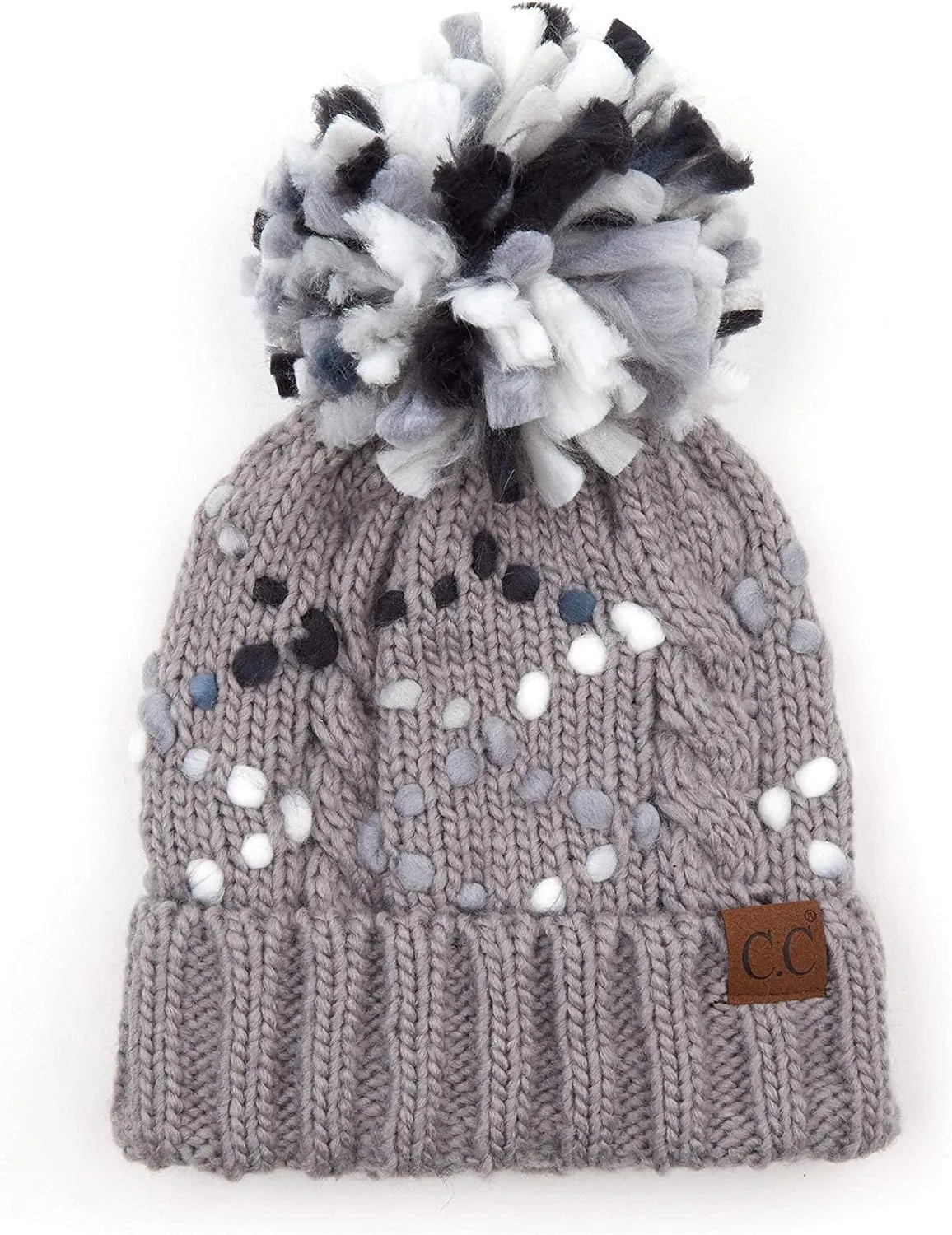 Funky Junque Women's Jumbo Yarn Chunky Knit Slip Stitch Beanie with Pom Pom Hat