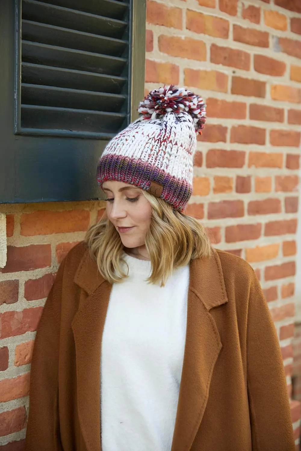 Funky Junque Women's Jumbo Yarn Chunky Knit Slip Stitch Beanie with Pom Pom Hat