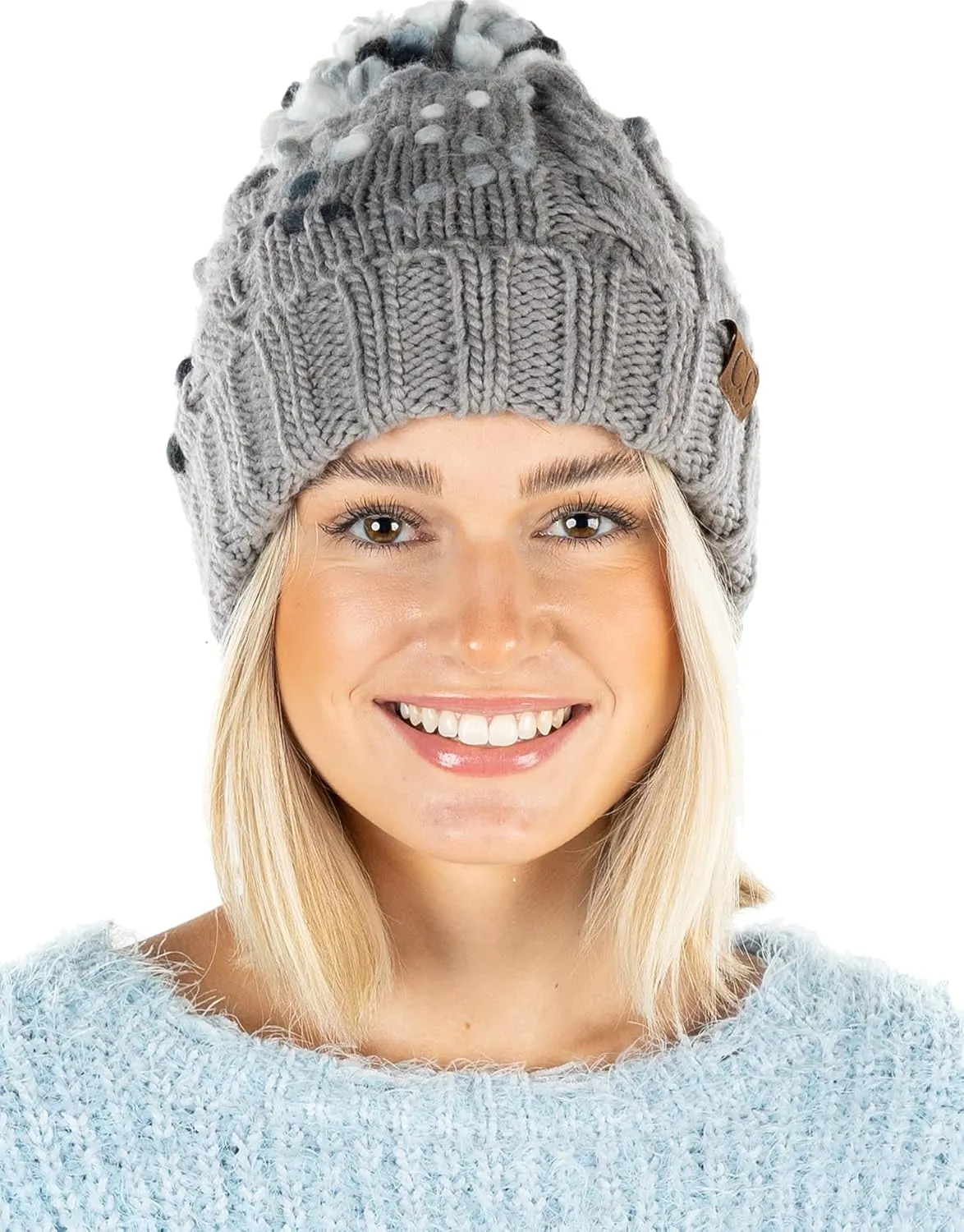 Funky Junque Women's Jumbo Yarn Chunky Knit Slip Stitch Beanie with Pom Pom Hat
