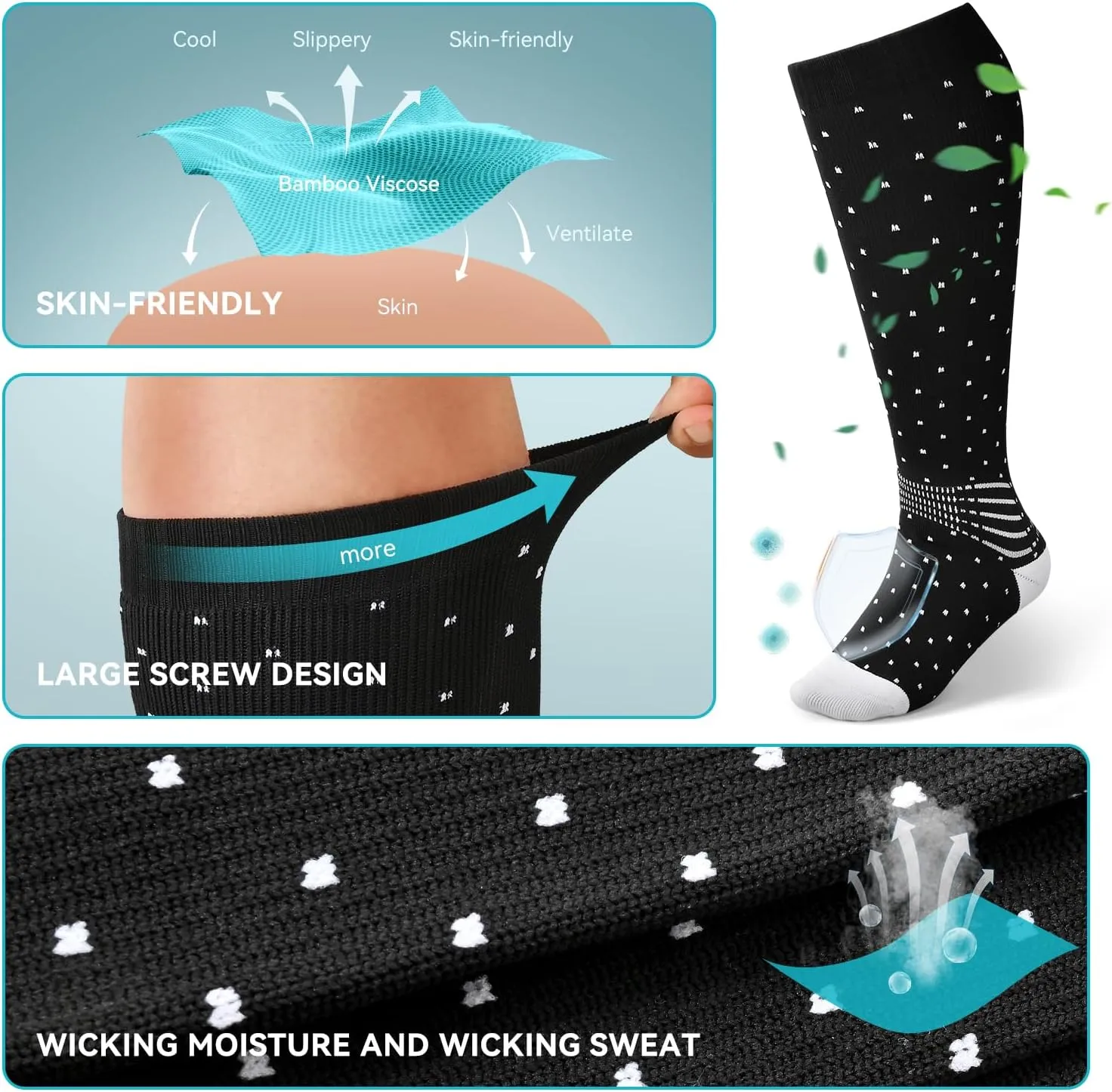 IRAMY Wide Calf Compression Ankle Support Socks 3 Pairs Plus Size Coolmax Wicking Knee High Nurse Running Diabetic Socks