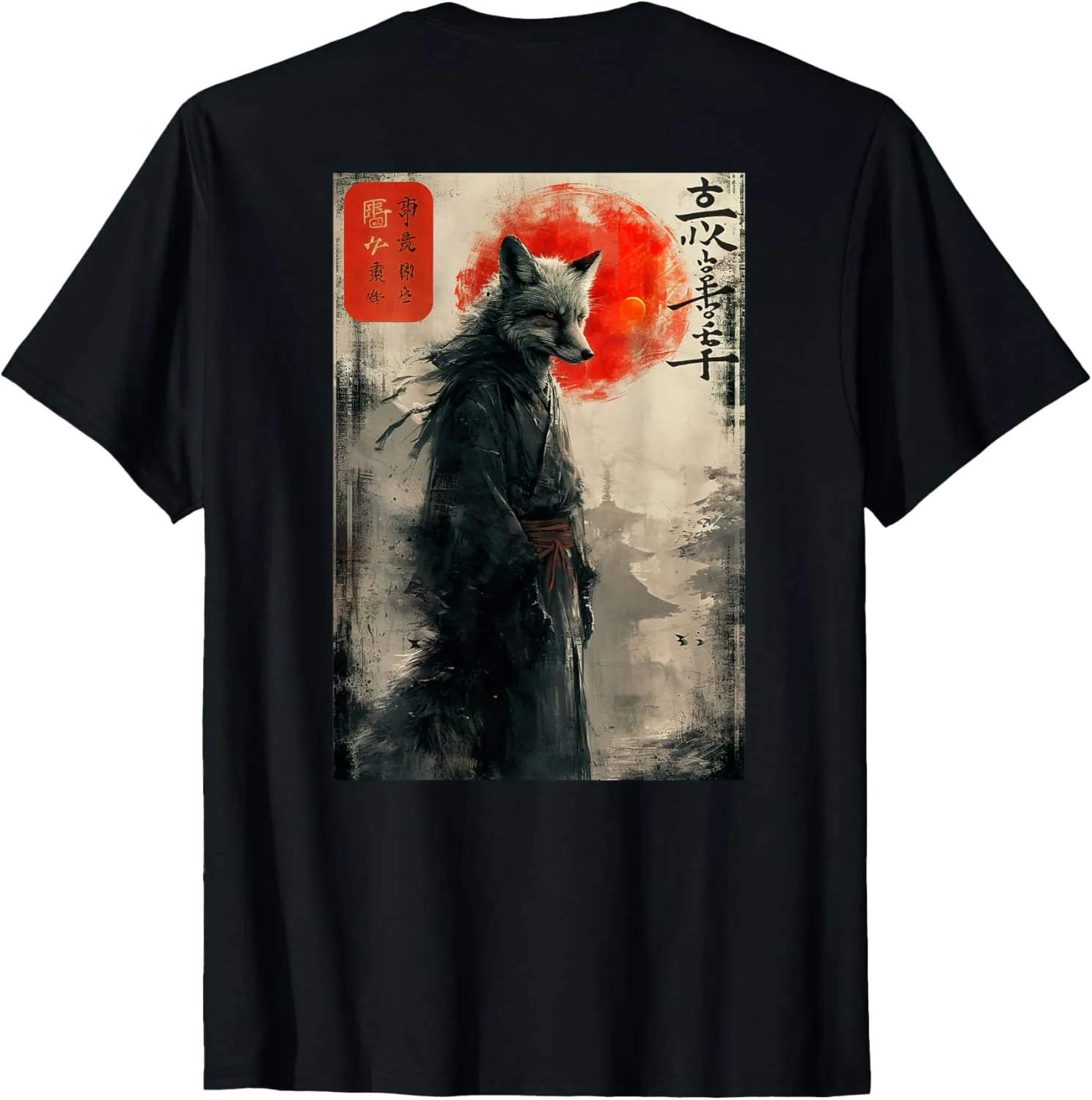 Japanese Woodblock art of a Samurai Fox with Japanese (BACK) T-Shirt