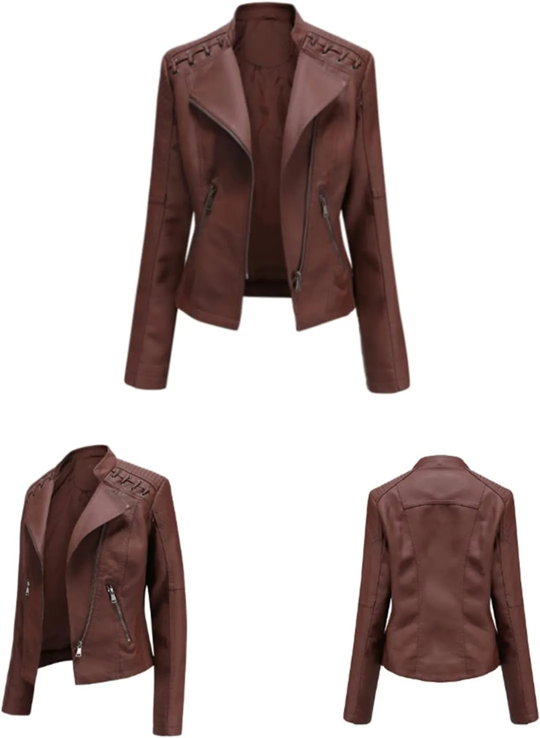 JEKE-DG Women's Casual Faux Leather Jackets Zip Up Motorcycle Short Outwear Collarless Fitted Slim Moto Biker Coat
