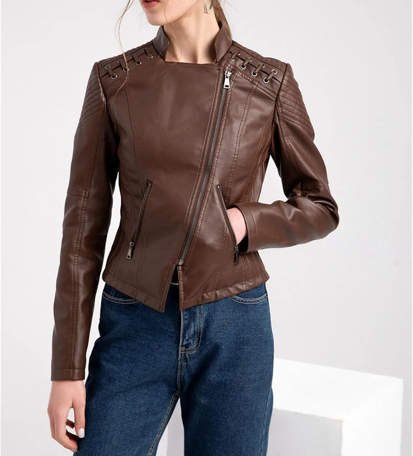 JEKE-DG Women's Casual Faux Leather Jackets Zip Up Motorcycle Short Outwear Collarless Fitted Slim Moto Biker Coat
