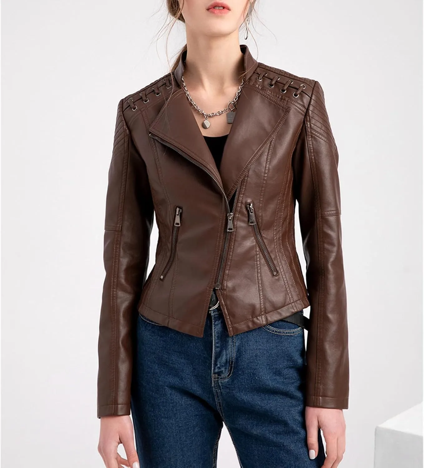 JEKE-DG Women's Casual Faux Leather Jackets Zip Up Motorcycle Short Outwear Collarless Fitted Slim Moto Biker Coat