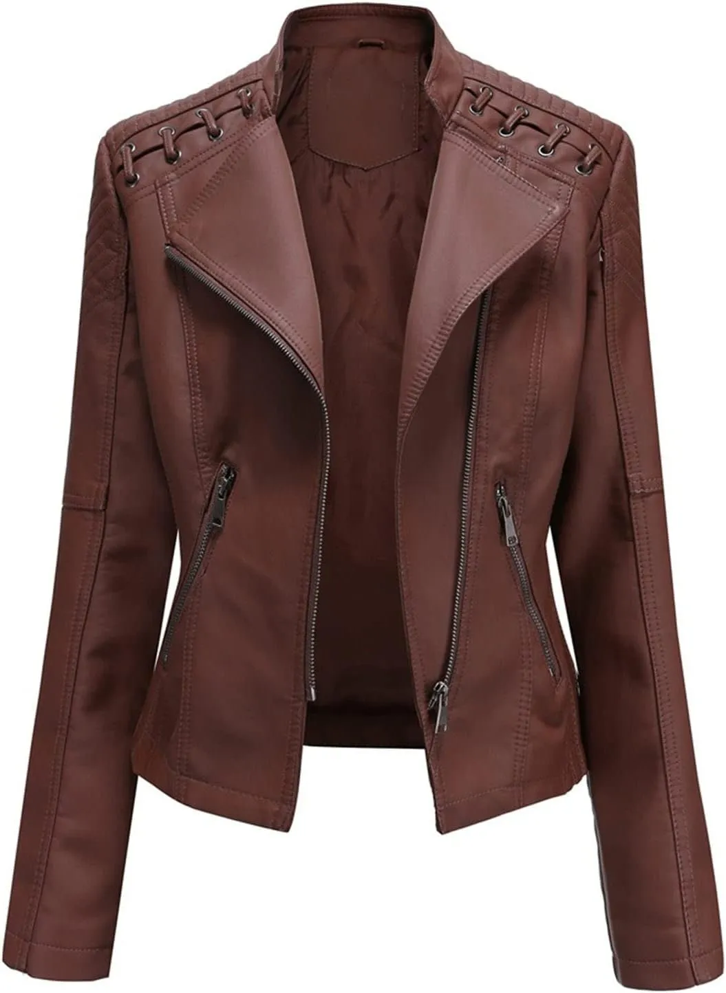 JEKE-DG Women's Casual Faux Leather Jackets Zip Up Motorcycle Short Outwear Collarless Fitted Slim Moto Biker Coat