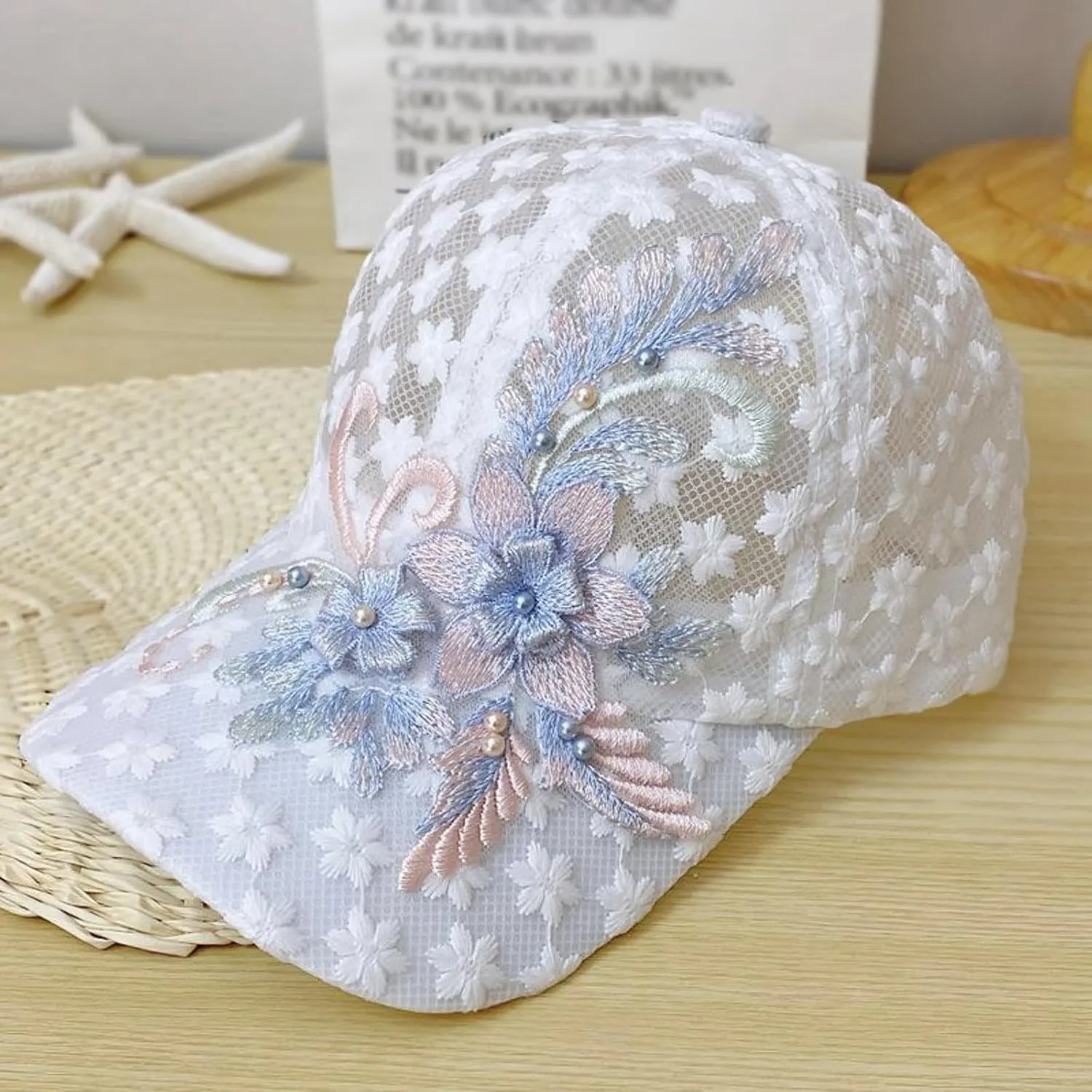 Lace Baseball Cap Floral Embroidered Baseball Hats Adjustable Snapback Mesh Trucker Sun Hat for Women 2024​