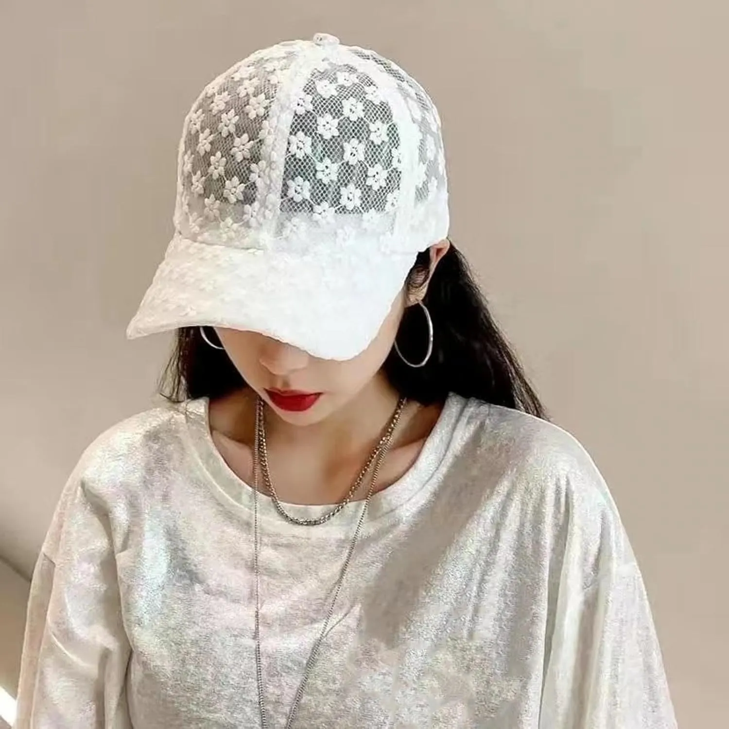 Lace Baseball Cap Floral Embroidered Baseball Hats Adjustable Snapback Mesh Trucker Sun Hat for Women 2024​