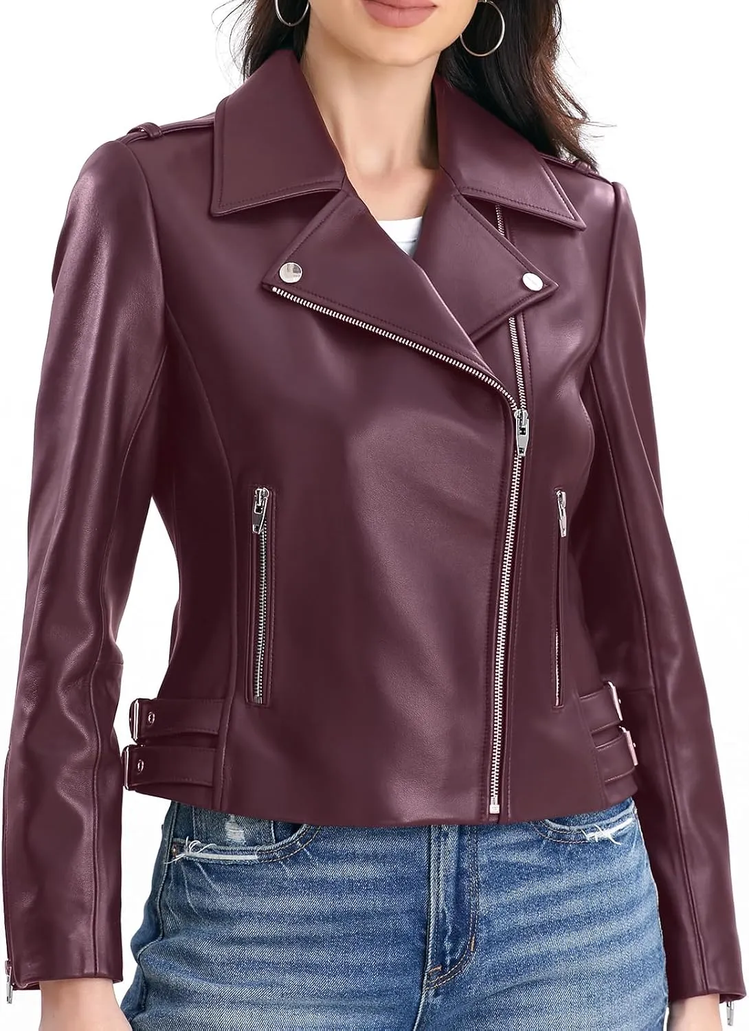 Lambskin Leather Jacket Women,Motorcycle Jacket,Asymmetrical Zip Style,Buckle Belts,Quilted Details