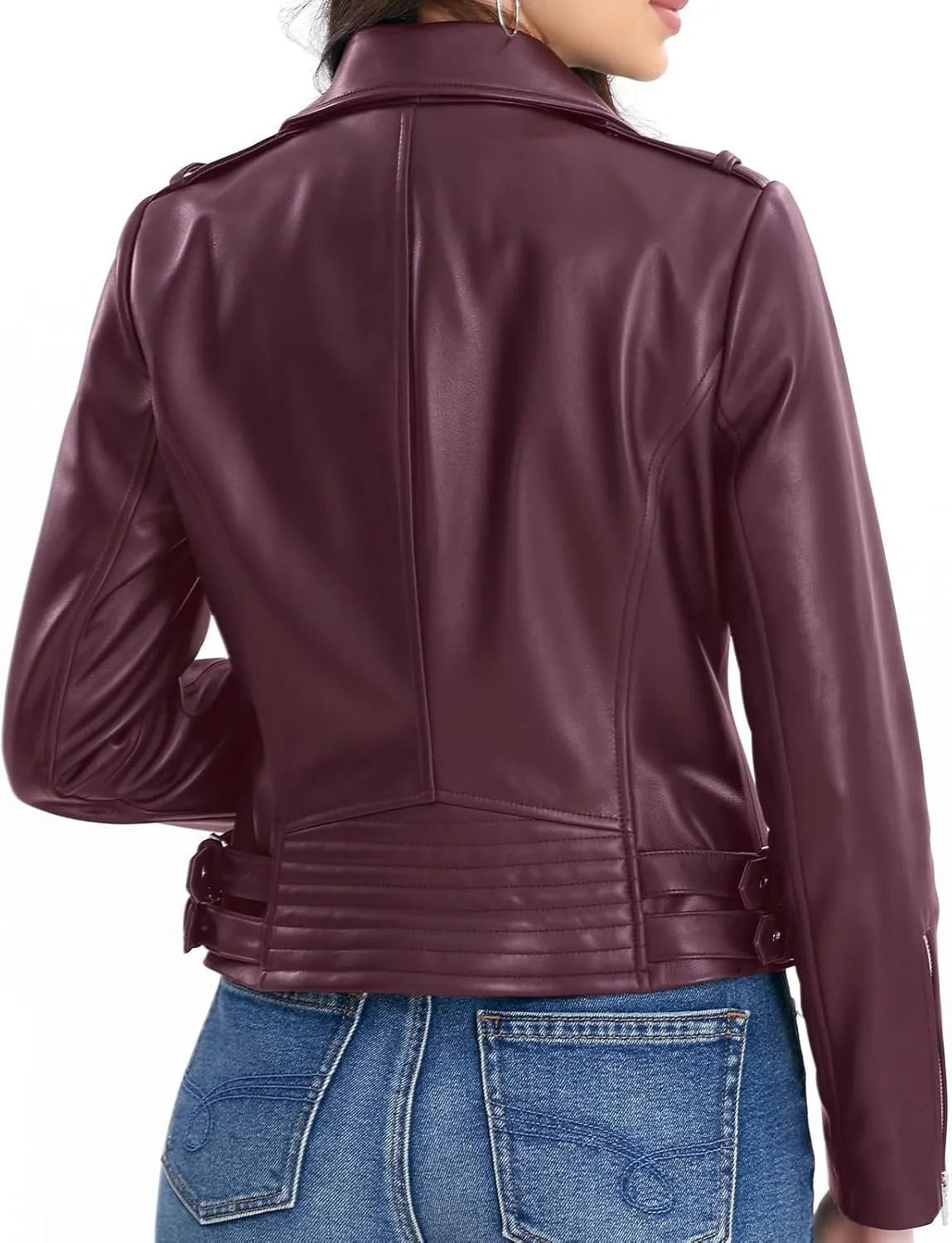 Lambskin Leather Jacket Women,Motorcycle Jacket,Asymmetrical Zip Style,Buckle Belts,Quilted Details