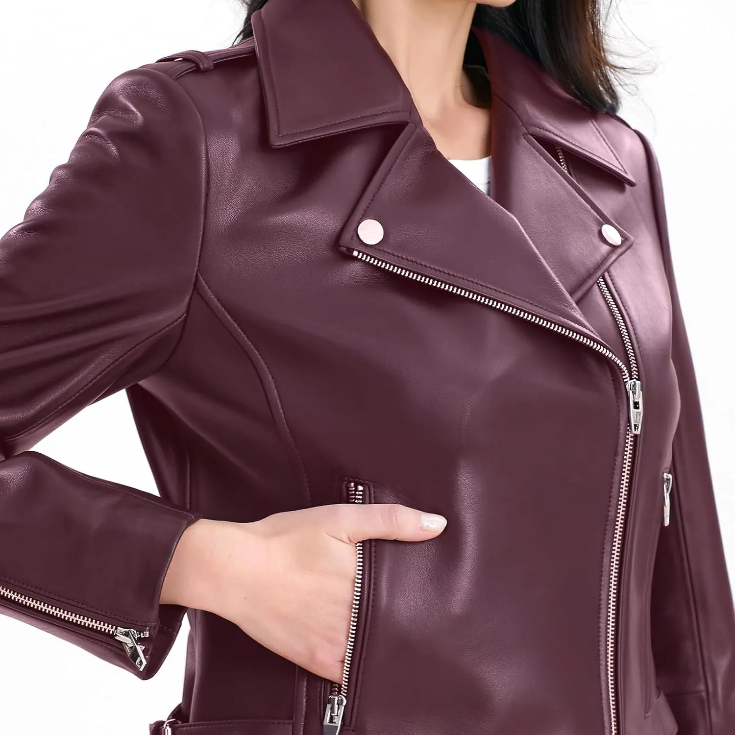 Lambskin Leather Jacket Women,Motorcycle Jacket,Asymmetrical Zip Style,Buckle Belts,Quilted Details