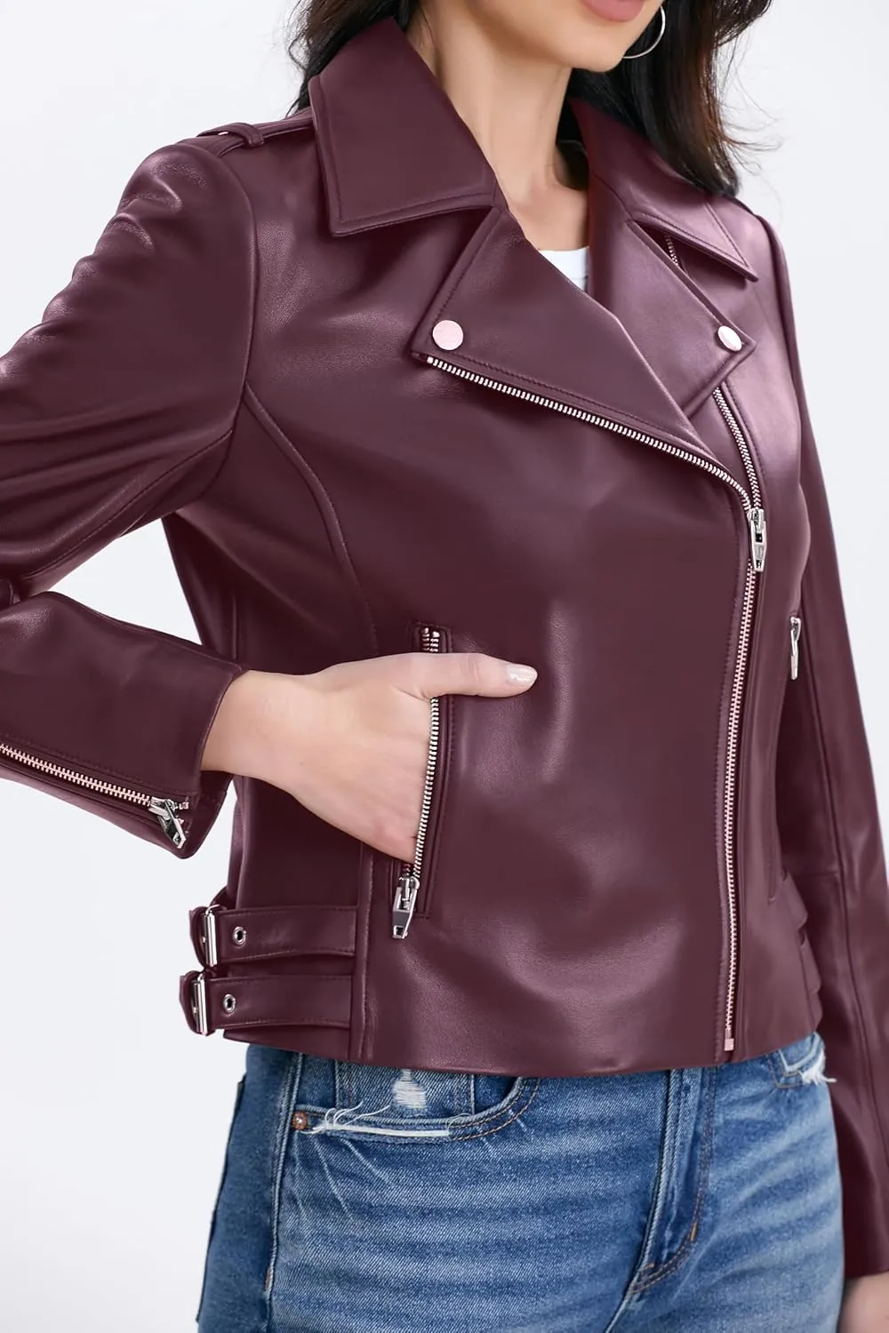 Lambskin Leather Jacket Women,Motorcycle Jacket,Asymmetrical Zip Style,Buckle Belts,Quilted Details