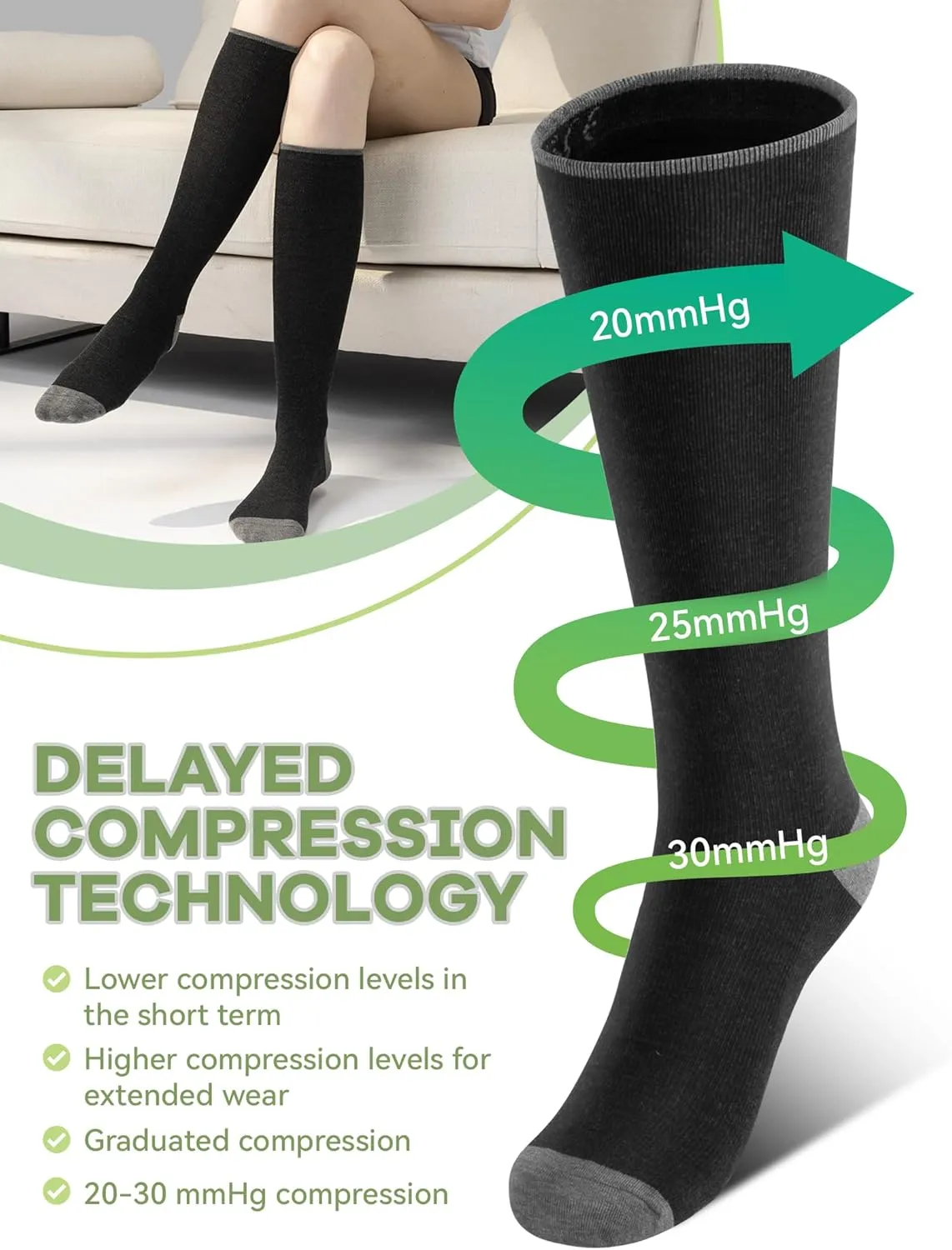 Light Compression Socks for Women Men(2 Pairs)Bamboo Viscose 20-30 mmHg Graduated Knee High Support for Flight Travel