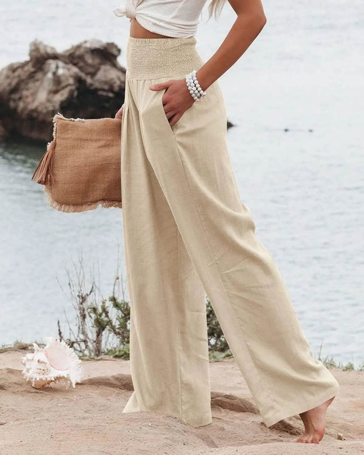 Linen Palazzo Pant for Women Summer High Waisted Wide Leg Pants Casual Pants Plain Vintage Trousers with Pockets
