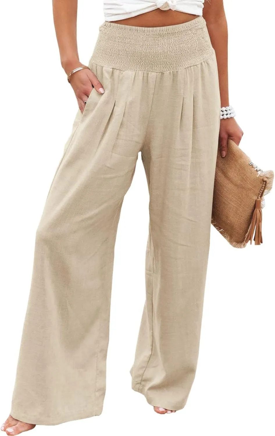 Linen Palazzo Pant for Women Summer High Waisted Wide Leg Pants Casual Pants Plain Vintage Trousers with Pockets
