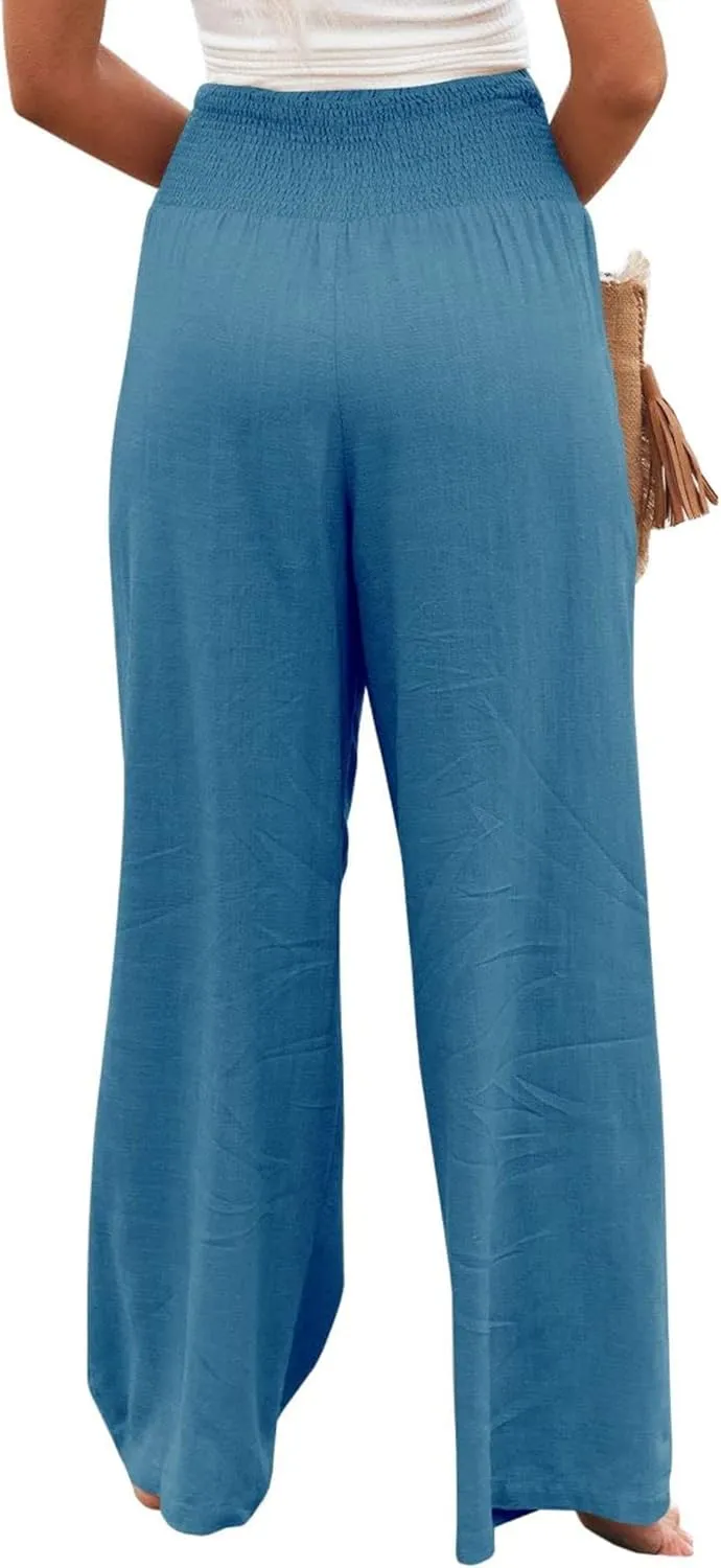 Linen Palazzo Pant for Women Summer High Waisted Wide Leg Pants Casual Pants Plain Vintage Trousers with Pockets