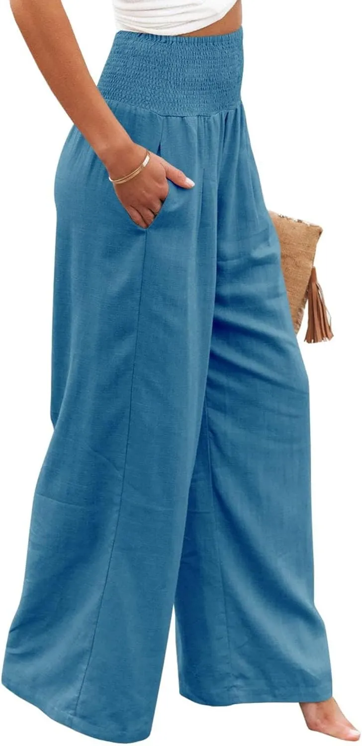 Linen Palazzo Pant for Women Summer High Waisted Wide Leg Pants Casual Pants Plain Vintage Trousers with Pockets