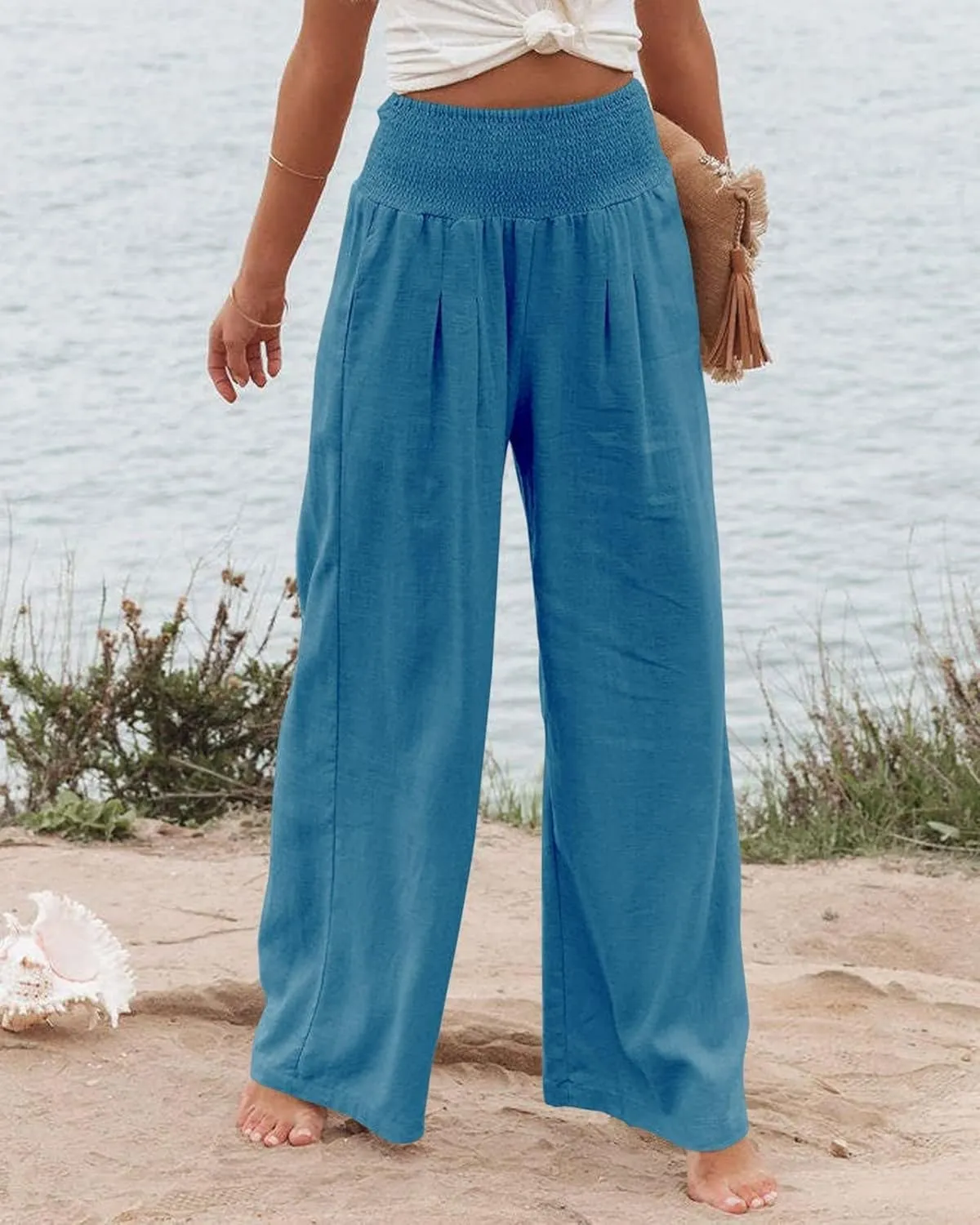 Linen Palazzo Pant for Women Summer High Waisted Wide Leg Pants Casual Pants Plain Vintage Trousers with Pockets