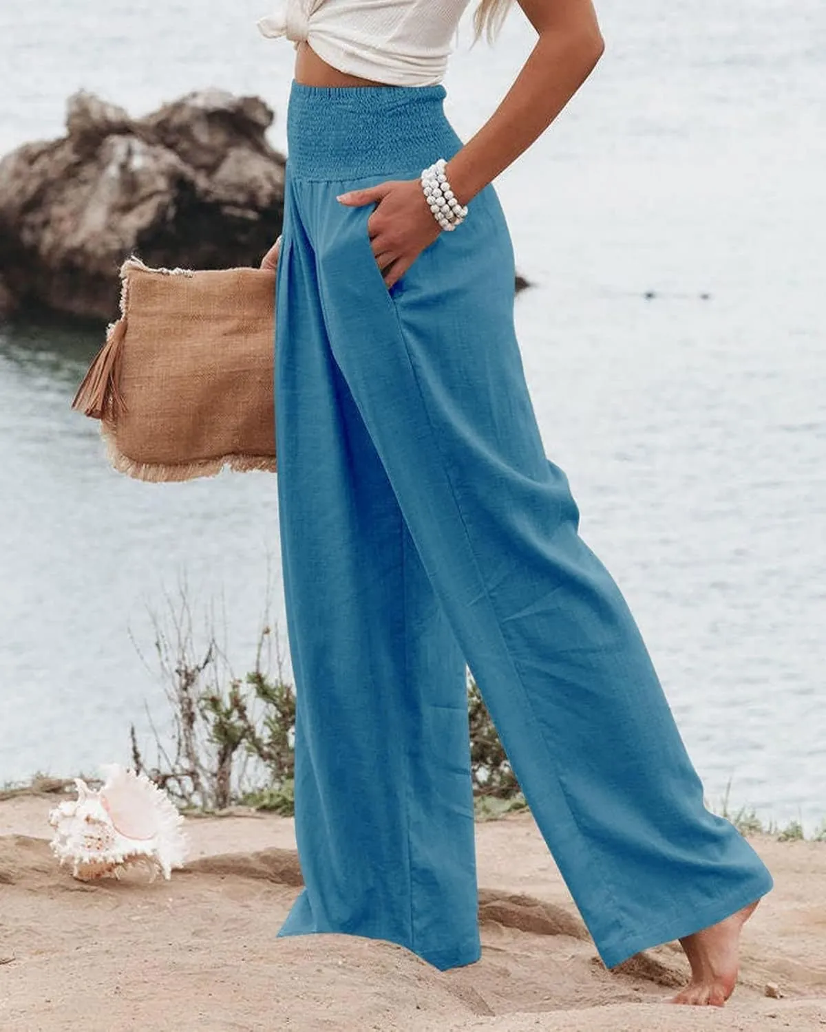 Linen Palazzo Pant for Women Summer High Waisted Wide Leg Pants Casual Pants Plain Vintage Trousers with Pockets