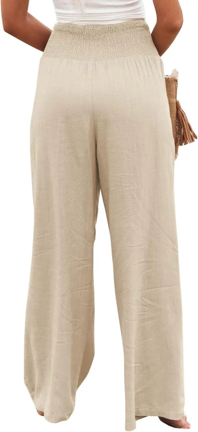 Linen Palazzo Pant for Women Summer High Waisted Wide Leg Pants Casual Pants Plain Vintage Trousers with Pockets