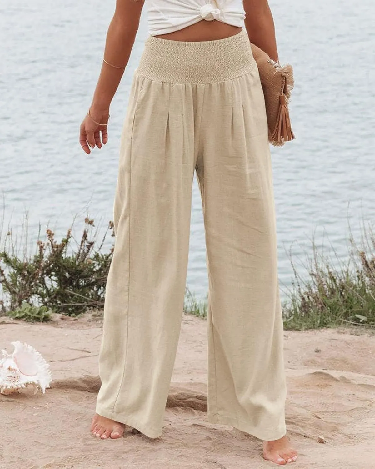Linen Palazzo Pant for Women Summer High Waisted Wide Leg Pants Casual Pants Plain Vintage Trousers with Pockets