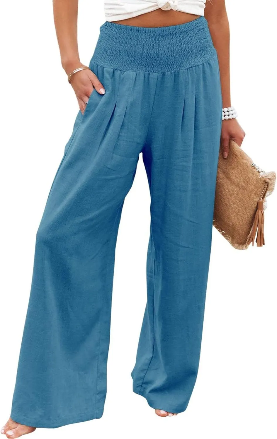 Linen Palazzo Pant for Women Summer High Waisted Wide Leg Pants Casual Pants Plain Vintage Trousers with Pockets